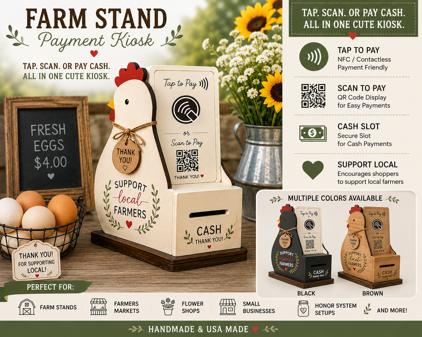 Farm Stand Payment Kiosk | Tap to Pay, QR Code & Cash Box | Wooden Chicken Farm Stand | NFC Payment Display | Honor System Stand