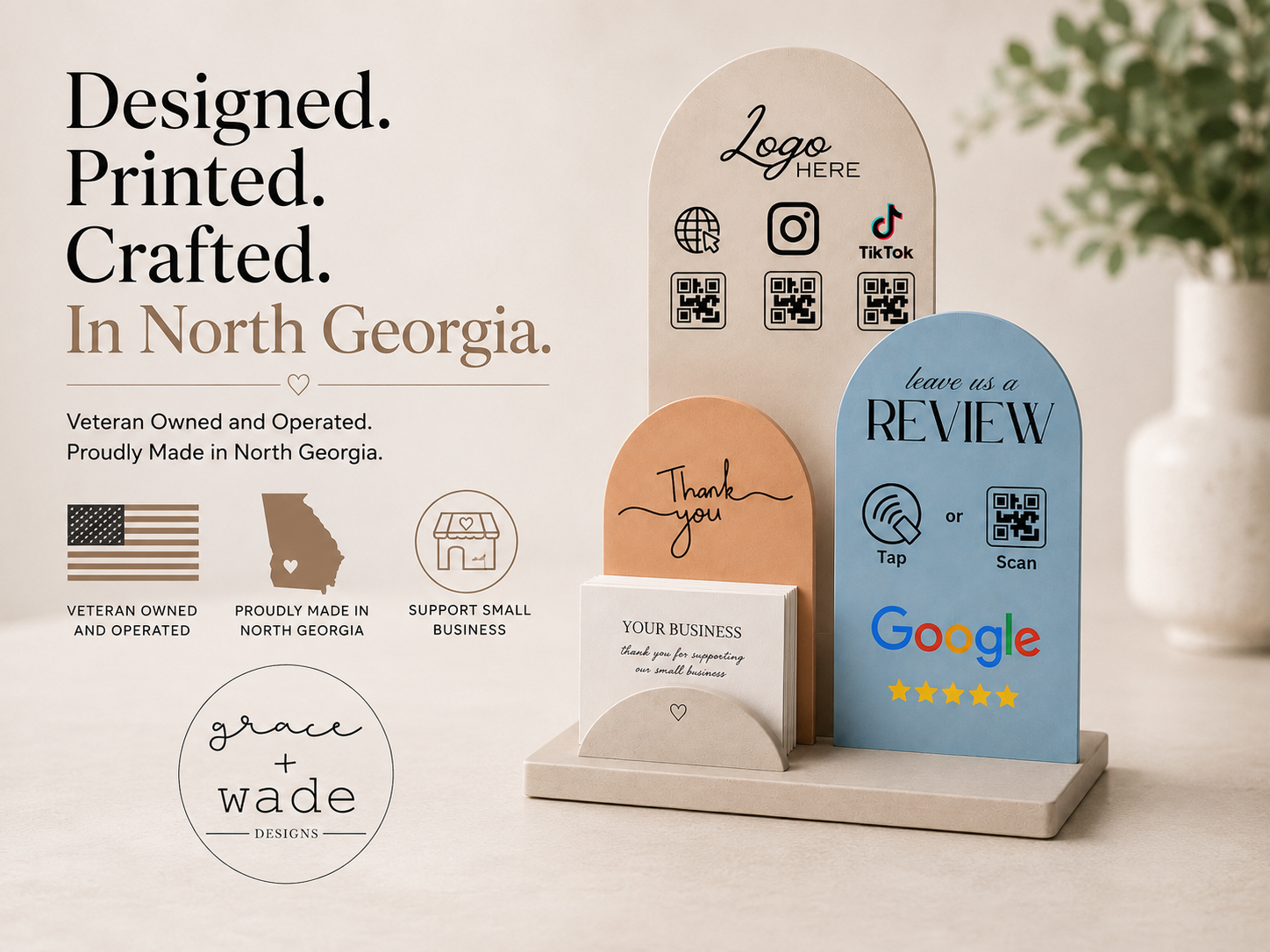 Business Growth Station | Personalized NFC & QR Review Display with Business Card Holder
