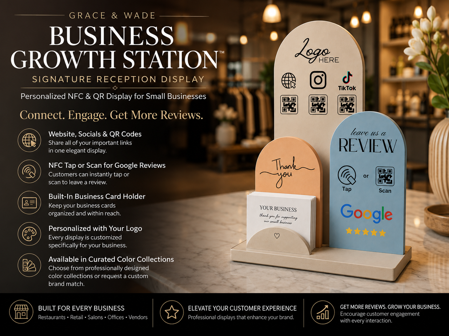 Business Growth Station | Personalized NFC & QR Review Display with Business Card Holder