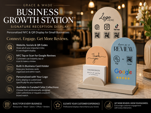 Business Growth Station | Personalized NFC & QR Review Display with Business Card Holder