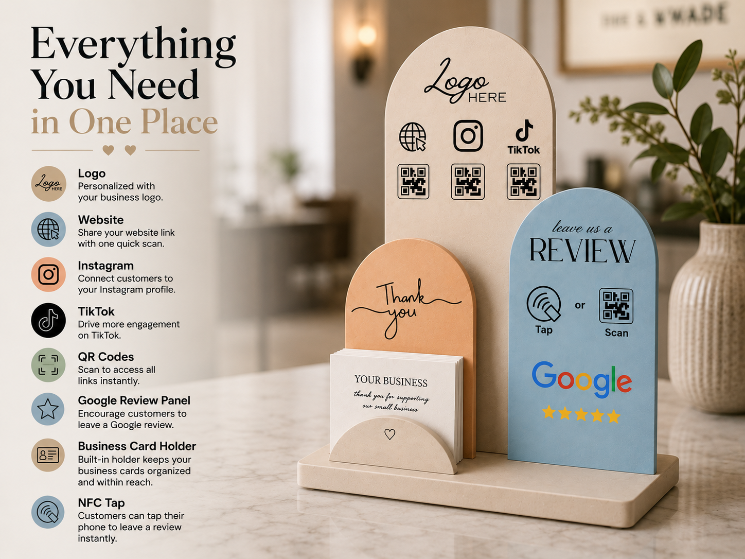 Business Growth Station | Personalized NFC & QR Review Display with Business Card Holder