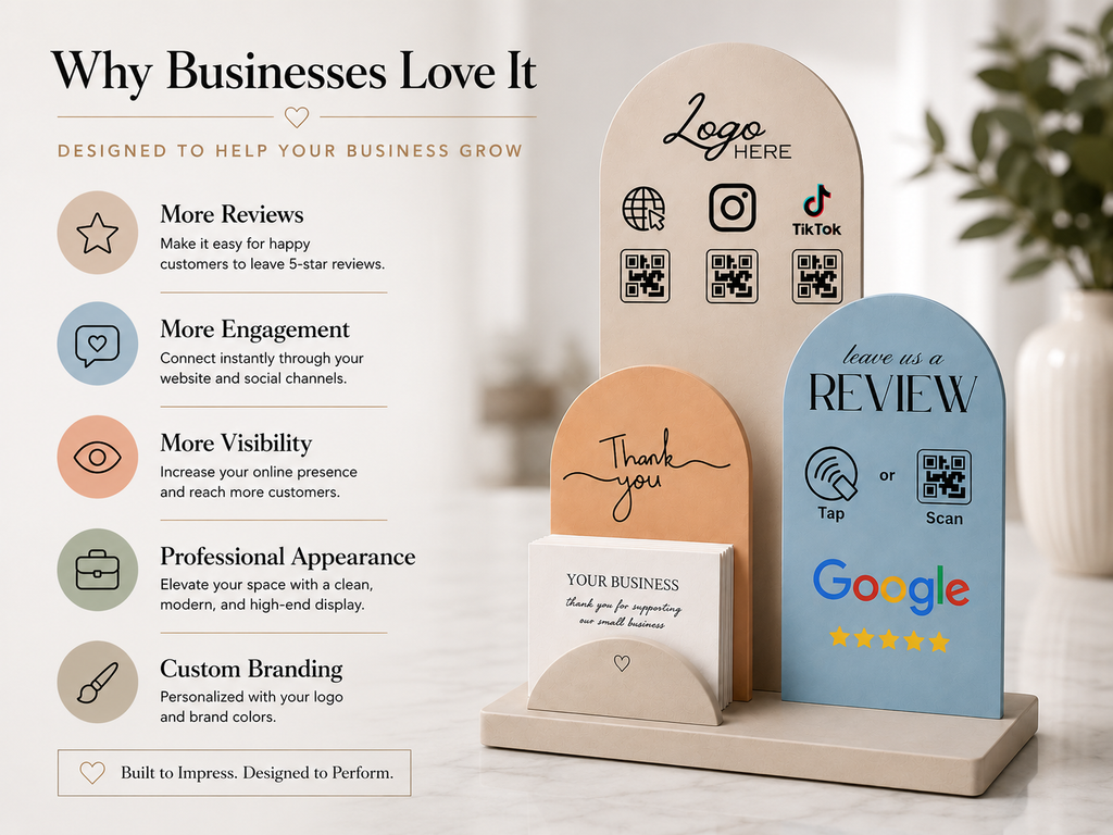 Business Growth Station | Personalized NFC & QR Review Display with Business Card Holder