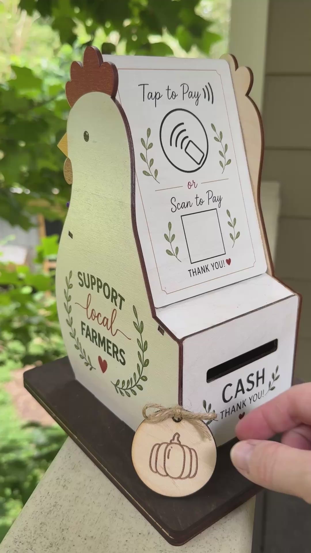 Farm Stand Payment Kiosk | Tap to Pay, QR Code & Cash Box | Wooden Chicken Farm Stand | NFC Payment Display | Honor System Stand